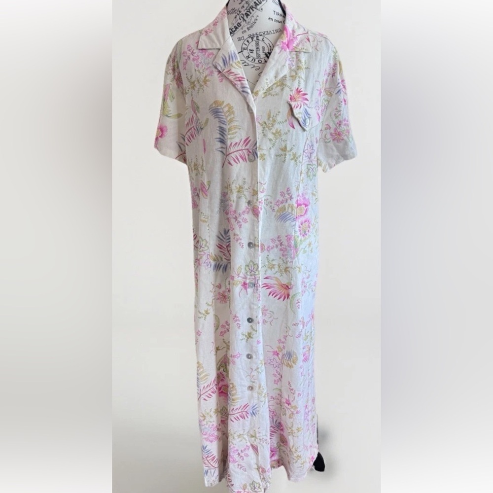 Vintage 90s Jane Ashley Floral Cottage Core Linen Blend Button Front Midi Dress